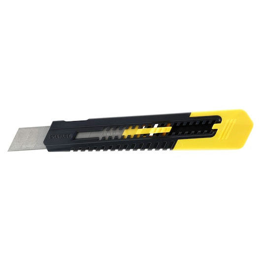 Retractable black and yellow utility knife with segmented blade for precise cutting tasks.