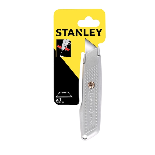 STANLEY 0-10-299 utility knife silver color, front angle, in retail packaging with yellow-black design.