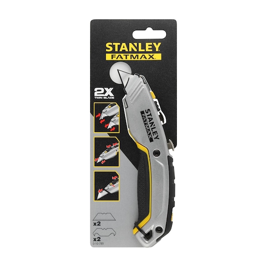 STANLEY 0-10-789 FatMax twin blade utility knife packaging, silver and yellow handle, front angle.
