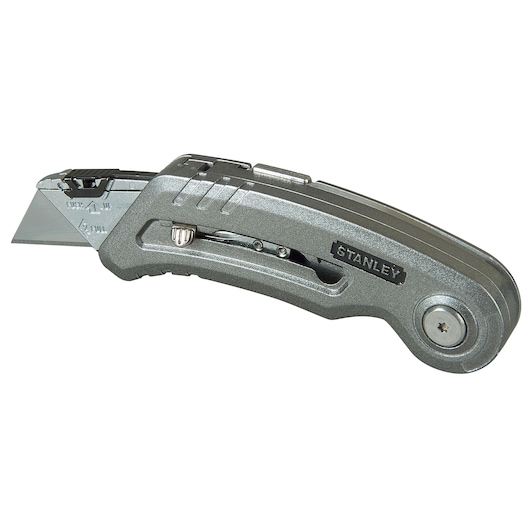 Photo of a STANLEY 0-10-813 folding utility knife, silver metal, angled side view.