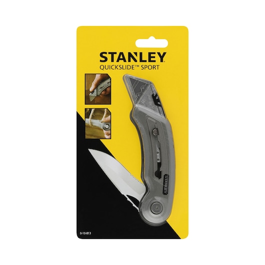 STANLEY 0-10-813 folding utility knife in packaging, angled view, silver handle, yellow and black card.