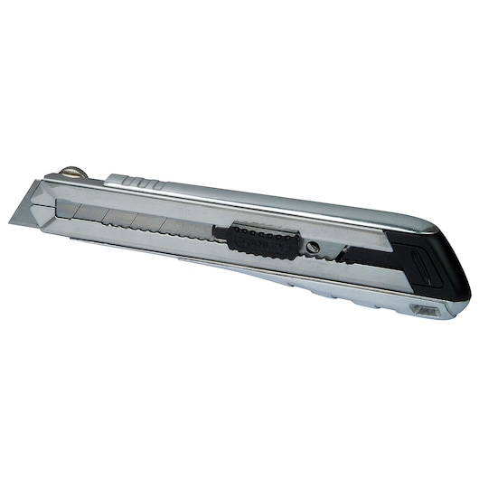 STANLEY 0-10-820 silver utility knife, side angle, with black slider and exposed snap-off blade.