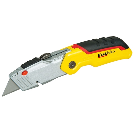 STANLEY 0-10-825 utility knife FatMax, yellow and black handle, side angle, white background.