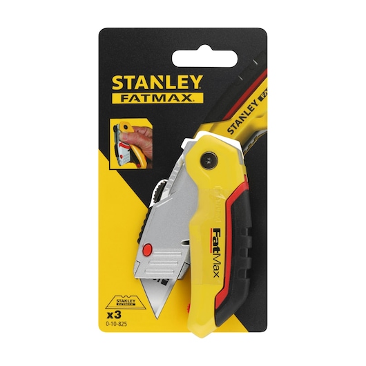 STANLEY 0-10-825 utility knife FatMax, yellow and black handle, front angle, retail packaging.