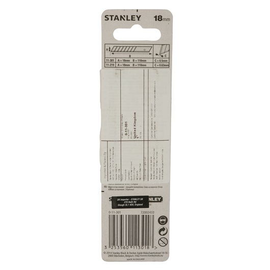 STANLEY 0-11-301 utility knife blade packaging back view, shows product specifications, barcode, and usage details.