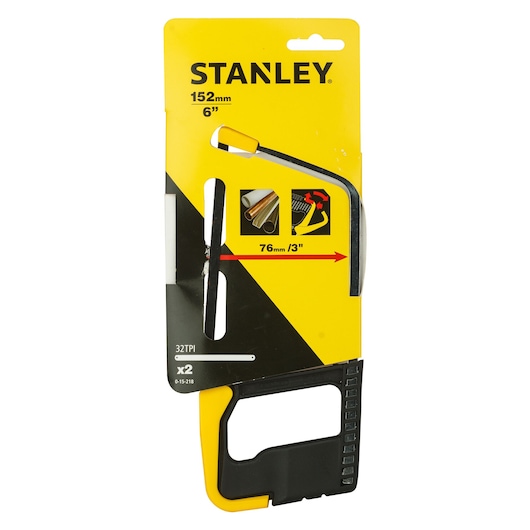 Photo of STANLEY 0-15-218 152mm mini hacksaw with black and yellow handle, front packaging view.