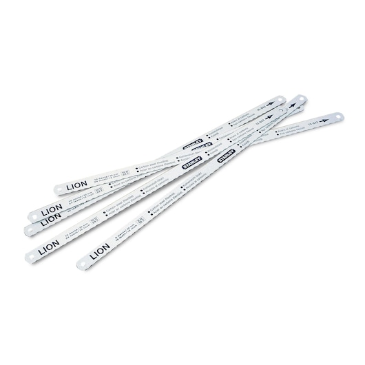 STANLEY 0-15-801 set of five white hacksaw blades, straight view, with printed specifications and black branding.