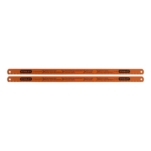 STANLEY 0-15-906 hacksaw blades, orange high speed steel, dual pack, product photography, flat angle.