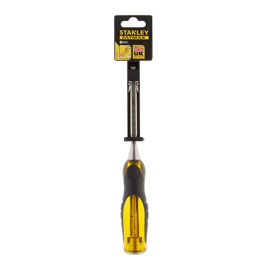 STANLEY 0-16-252 chisel with yellow and black ergonomic handle, front angle, on white background.