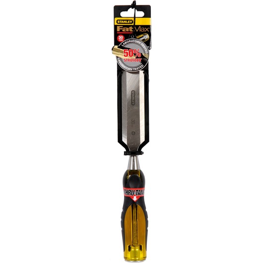 STANLEY 0-16-262 wood chisel with black and yellow handle, FatMax series, front angle on white background.