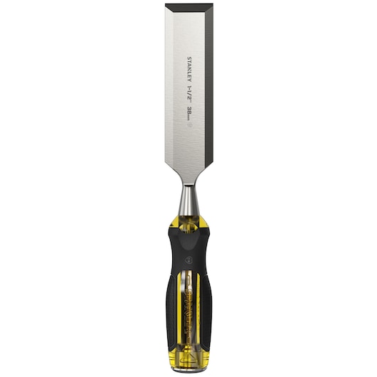 STANLEY 0-16-265 chisel with steel blade and yellow-black ergonomic handle, photography on white background.