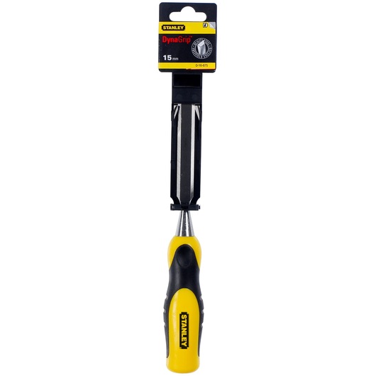 STANLEY 0-16-875 chisel with yellow and black DynaGrip handle, front angle, 15mm blade, on white background.