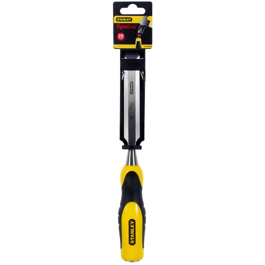 STANLEY 0-16-878 wood chisel with yellow and black DynaGrip handle, front angle on white background.