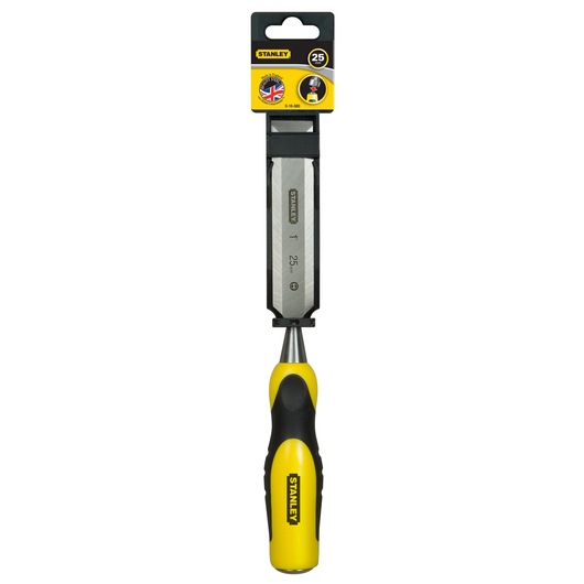 STANLEY 0-16-880 woodworking chisel with yellow and black ergonomic handle, front view on white background.