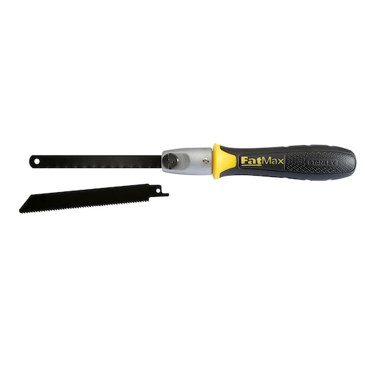 Stanley FatMax hand saw with black handle, showing one fitted blade and one extra loose blade.