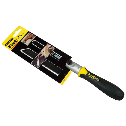 STANLEY 0-20-220 photography of FatMax saw with black and yellow ergonomic handle, angled on white background.