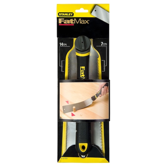 STANLEY 0-20-501 FatMax saw in packaging, front angle, black and yellow handle, woodworking tool.