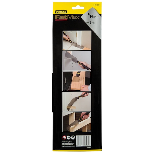 STANLEY 0-20-501 FatMax saw packaging, showing usage examples and blade TPI details, rear view photo.