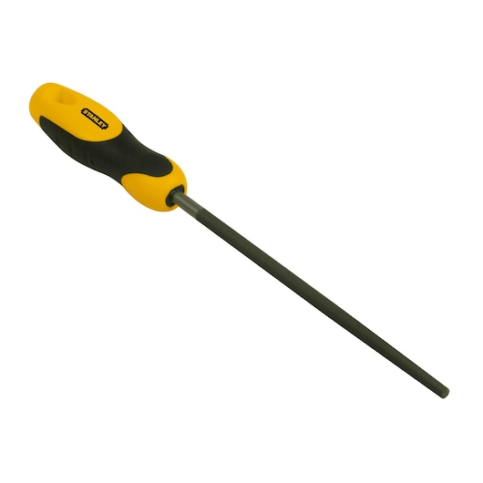 Stanley round file with yellow and black handle, tool used for shaping or smoothing metal surfaces.