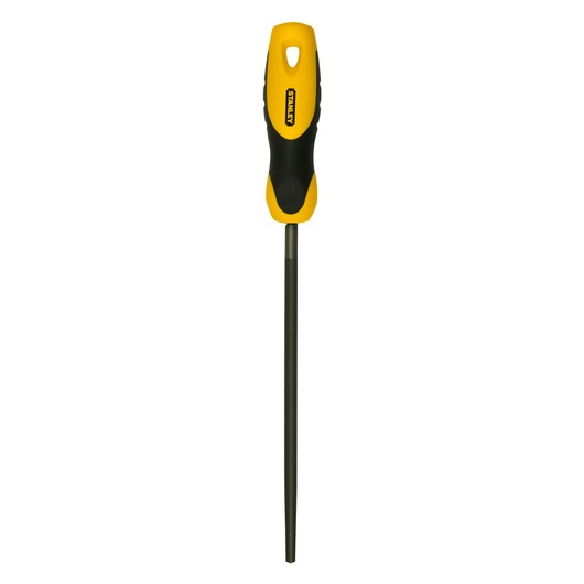 Round metal file with a yellow and black handle displayed vertically on a white background.