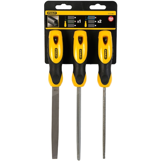STANLEY 0-22-445 set of three metal files with yellow and black handles, front angle on white background.