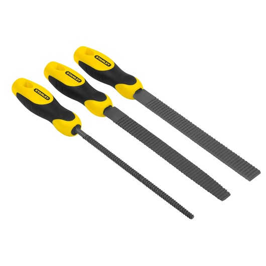 Three STANLEY files with yellow and black handles, suitable for metalworking and shaping materials.