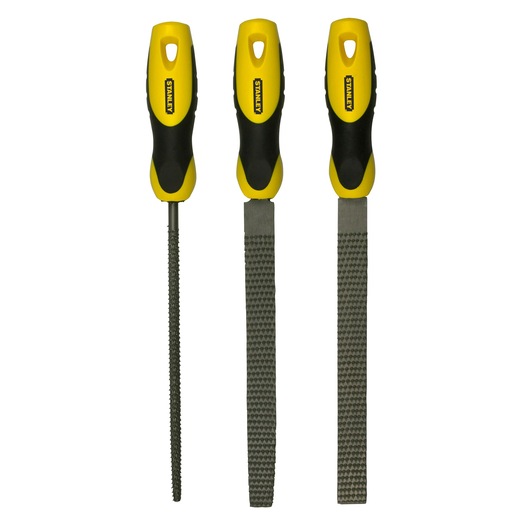 Set of three STANLEY files with yellow and black ergonomic handles, each file has a different shape for varied use.