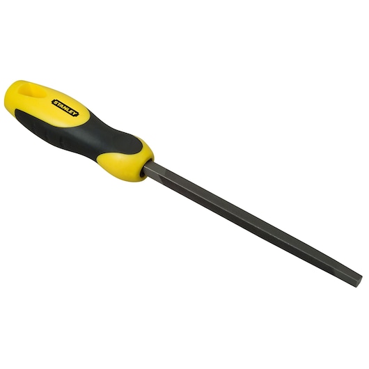 Flat metal file with yellow and black ergonomic handle, suitable for smoothing and shaping metal surfaces.