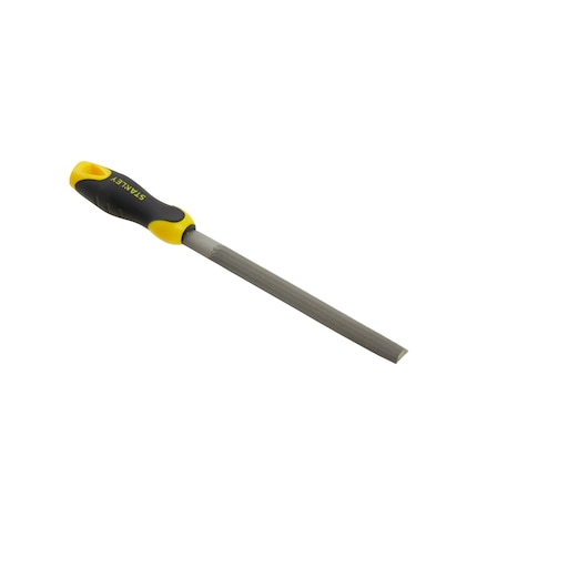 Stanley round metal file with a black and yellow ergonomic handle on a white background.
