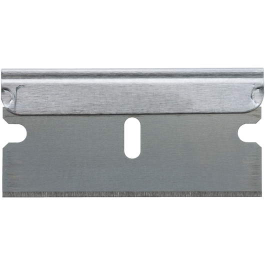 Photo of STANLEY 0-28-510 single edge razor blade, silver, flat, front view, for scraper tools.