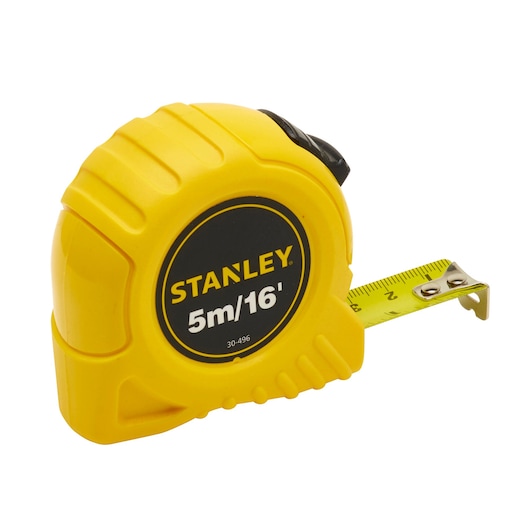 STANLEY 0-30-496 tape measure, yellow and black, 5m/16ft, front angle on white background.