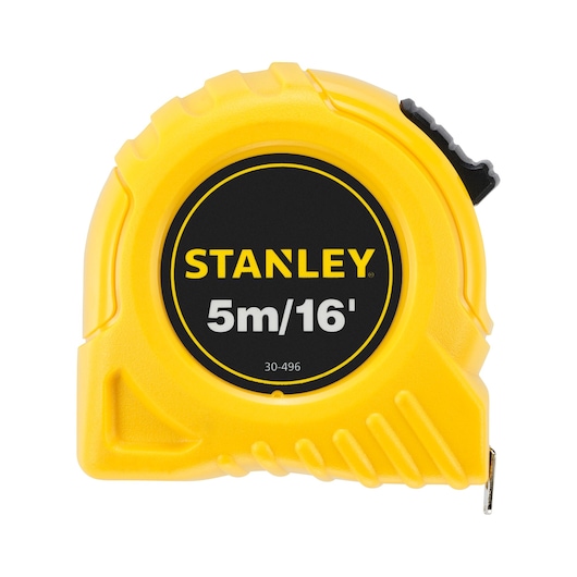 STANLEY 0-30-496 yellow tape measure, 5m/16', photography, front angle, black and yellow casing.