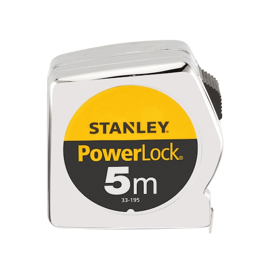STANLEY 0-33-195 tape measure, PowerLock 5m, front angle, silver case with yellow and black label.