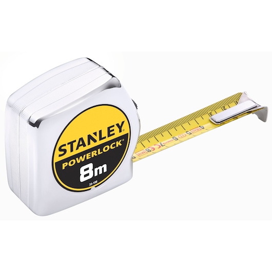 STANLEY 0-33-198 tape measure, 8 meter, yellow and silver, extended, front angle photo.