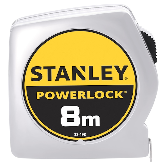 Photo of STANLEY 0-33-198 PowerLock 8m tape measure, silver case, front view.