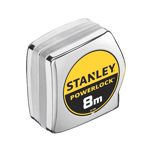 Photo of STANLEY 0-33-198 tape measure, PowerLock series, 8m, silver body with yellow and black label, angled view.