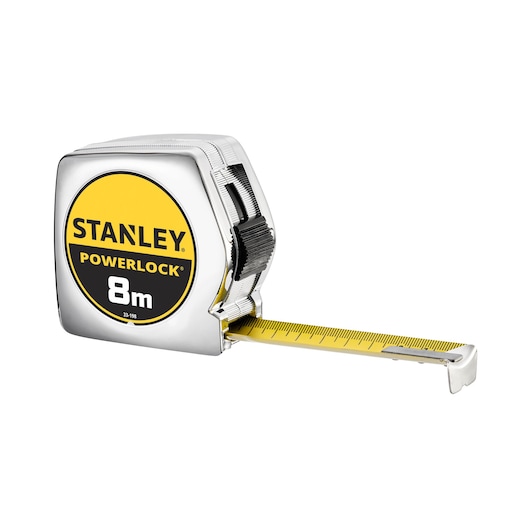 Photo of STANLEY 0-33-198 tape measure, PowerLock 8m, chrome case, yellow blade, angled on white background.