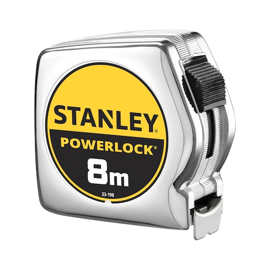 Photo of STANLEY 0-33-198 PowerLock 8m tape measure, chrome case and black-yellow label, front right angle.