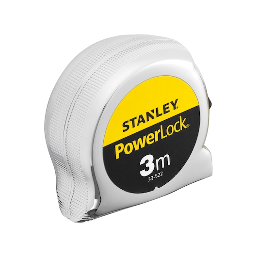 STANLEY 0-33-522 PowerLock tape measure, 3m, photography, side angle on white background.