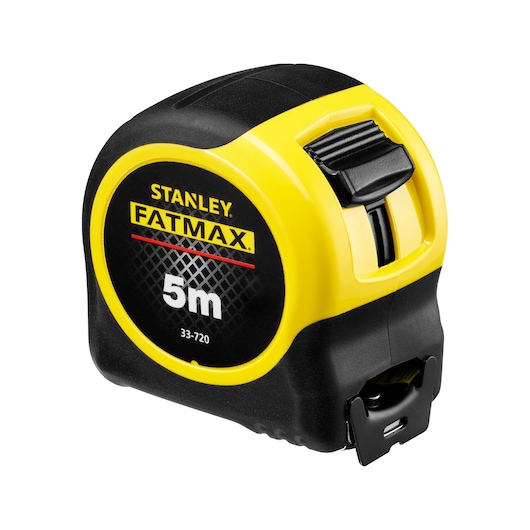 STANLEY 0-33-720 FATMAX 5m tape measure, yellow and black, front angle on white background.