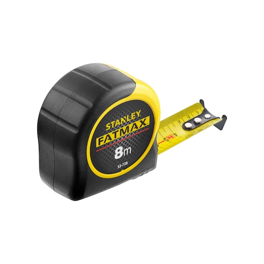STANLEY SKU 0-33-728 tape measure, FATMAX series, 8m length, black and yellow, angled view on white background.