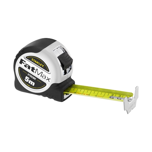 Stanley FatMax Xtreme 5m tape measure with yellow blade and black-white casing.