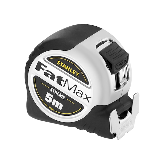 Stanley FatMax Xtreme 5m tape measure with black and silver casing and metal clip.