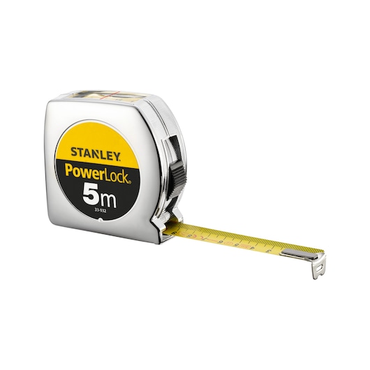 Photo of STANLEY 0-33-932 tape measure, 5m PowerLock model, yellow blade, chrome casing, angled view.