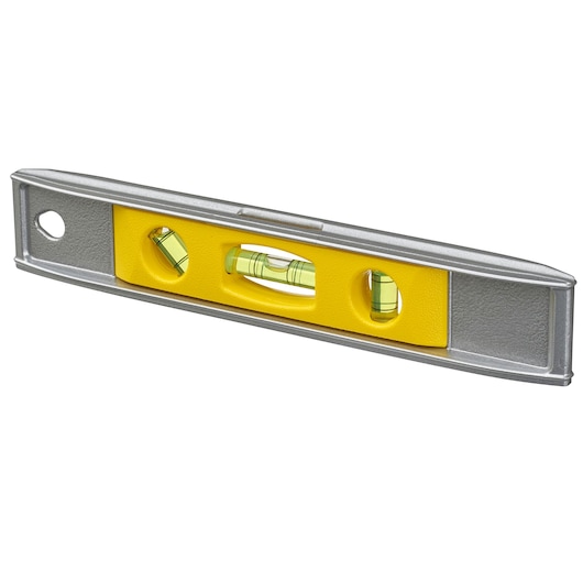 STANLEY 0-42-465 spirit level with yellow body and metal ends, angled product photography on white background.