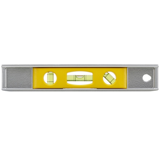 STANLEY 0-42-465 spirit level, yellow and silver, photography of front view on white background.