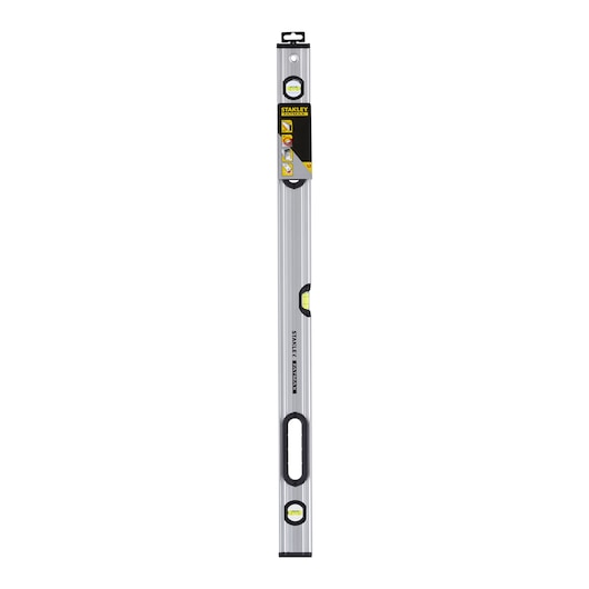 Photo of STANLEY 0-43-637 spirit level, silver with three vials, black hand grip, product upright on white background.