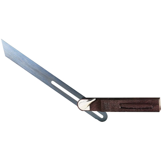 STANLEY 0-46-529 sliding bevel gauge with metal blade and wooden handle, side angle, white background.