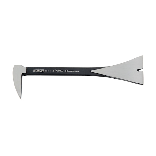 STANLEY 0-55-116 flat pry bar with beveled edges, black and silver, side view on white background.