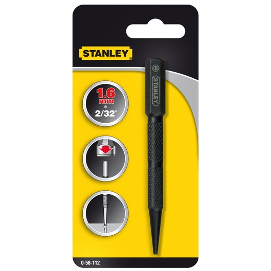 Stanley 0-58-112 pin punch tool in 1.6mm size, photographed in retail packaging, front angle.